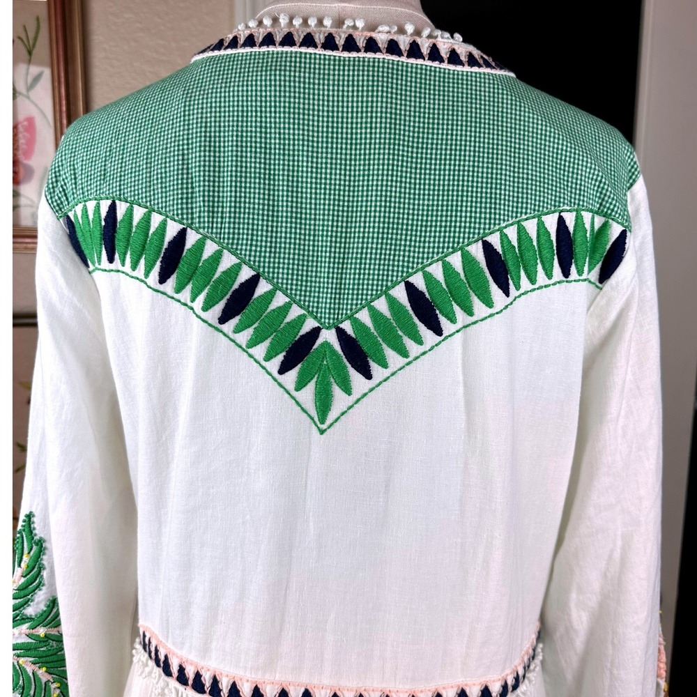 Farm Rio Palm Tree NWT Embroidered Maxi Dress L White Green Gingham Boho Linen - Picture 7 of 16